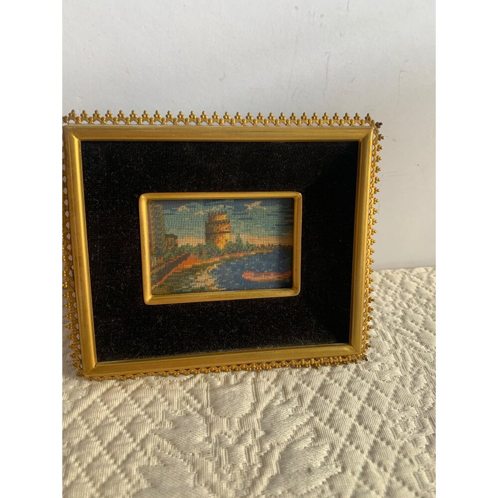 Needlepoint Water Scene Art In Black Velvet & Ornate Gold Frame 4" x 5"  Vtg